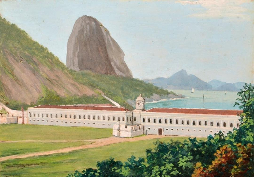 AcervoImperial's tweet photo. A Escola Militar da Praia Vermelha, pintura de 1880. A escola foi o principal centro de formação de Oficiais do Exército Brasileiro, que funcionou de 1858 até 1904 no Rio de Janeiro https://t.co/oNuomVuERE