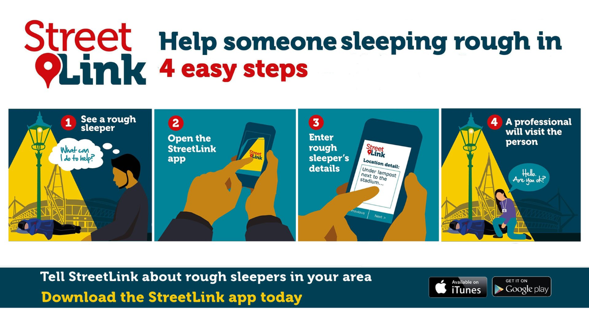 Tell_StreetLink's tweet photo. Please use StreetLink when you see someone sleeping rough:

🗣️ Alerts about people sleeping rough are sent by the public to StreetLink's website, app or phoneline
🙋‍♂️Alerts are passed to local, independent outreach teams who find the #roughsleepers
🤝 Support is provided https://t.co/7iqQ6W5WEB