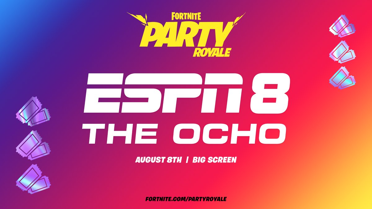 Jump into the heat of the competition 🔥

@ESPN 8: The Ocho is coming to Party Royale!

A marathon of the finest in seldom seen sports from Cornhole to Spikeball and more, catch it all on the Big Screen starting on August 8 at 9 AM ET.