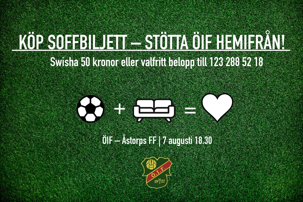 KÖP SOFFBILJETT – STÖTTA ÖIF HEMIFRÅN!

Föreningen har tagit beslutet att inte släppa in någon publik över huvud taget tills vidare. Istället anammar vi idén med en så kallad "soffbiljett". Stötta ÖIF du också!