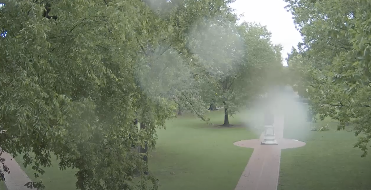 Good morning. I thought you lot might like to see what the Wren Yard looks like to-day after the passing of #Isaias. You'll perceive the odd small branch fallen and some raindrops on the Viewing Device. It creates a nimbus, or halo, around the plinth.