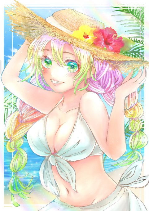 ゴム頭おえかき太郎さんがTwitterに投稿した甘露寺蜜璃(鬼滅の刃)の水着イラスト。