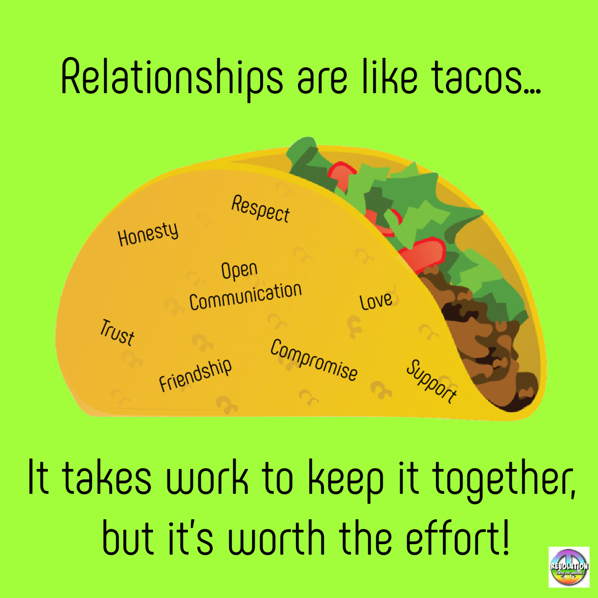CenterSurvivors's tweet photo. 🌮🌮Taco Tuesday🌮🌮
#RelationshipsAreLikeTacos #RevolutionRocks #CenterForSurvivors https://t.co/w7I5vIN5mP