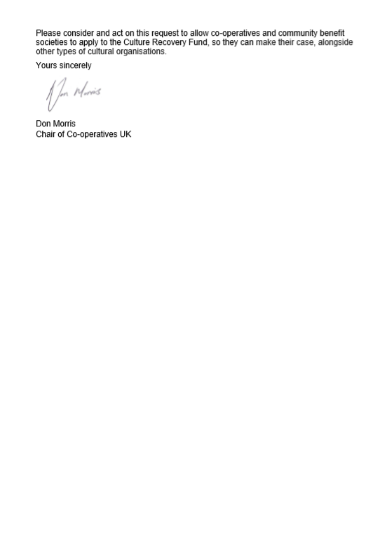 CooperativesUK's tweet photo. We've written to @DCMS SoS for Culture @OliverDowden asking that @ace_national Culture Recovery Fund include #coops regulated by FCA Mutuals. Not all ‘properly constituted’ cultural organisations are registered at Companies House. Pls amend criteria b4 Monday @HENLEYDARREN https://t.co/Mvy1tW5hqp