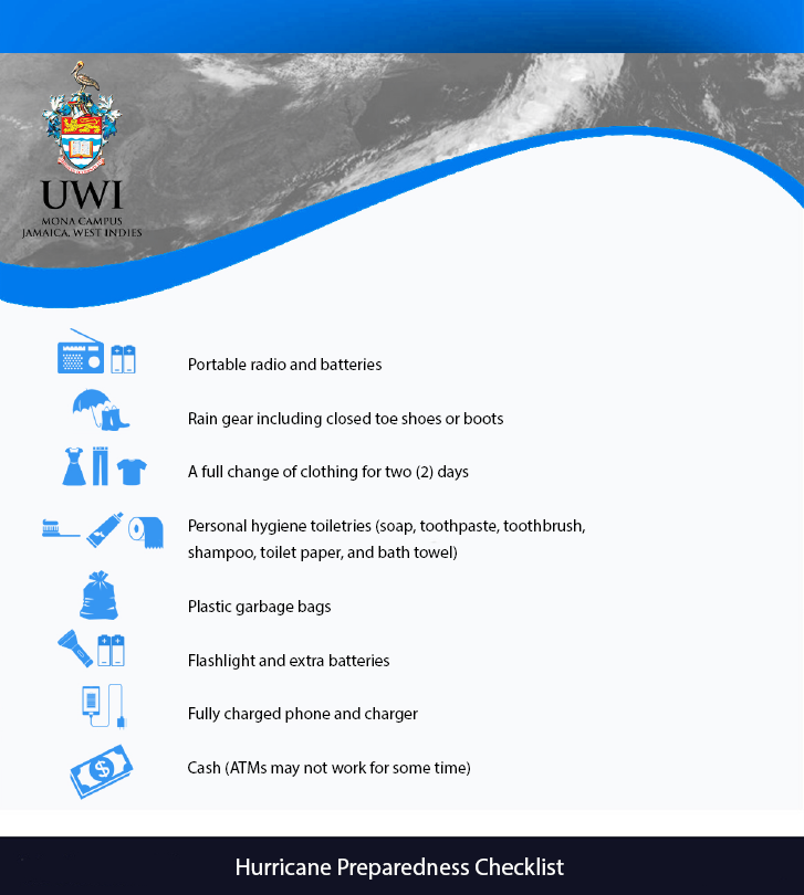 Hurricane Preparedness 2020

Here are a few critical items from UWI's Hurricane Preparedness Checklist...

Are you prepared?... check out: odpem.org.jm for more tips and helpful guidelines.

#HurricaneSeason #Hurricanes #GetPrepared #StayReady #Safety #ForwardThinking