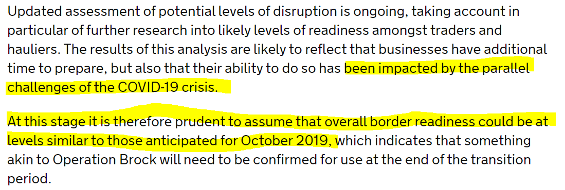 Gov says it expects levels of readiness for new border checks among traders to be *about the same as in Oct. 2019*, due to coronavirus - and it was poor back then.So a year longer to prepare for Brexit, but no meaningful improvement in preparation 4/