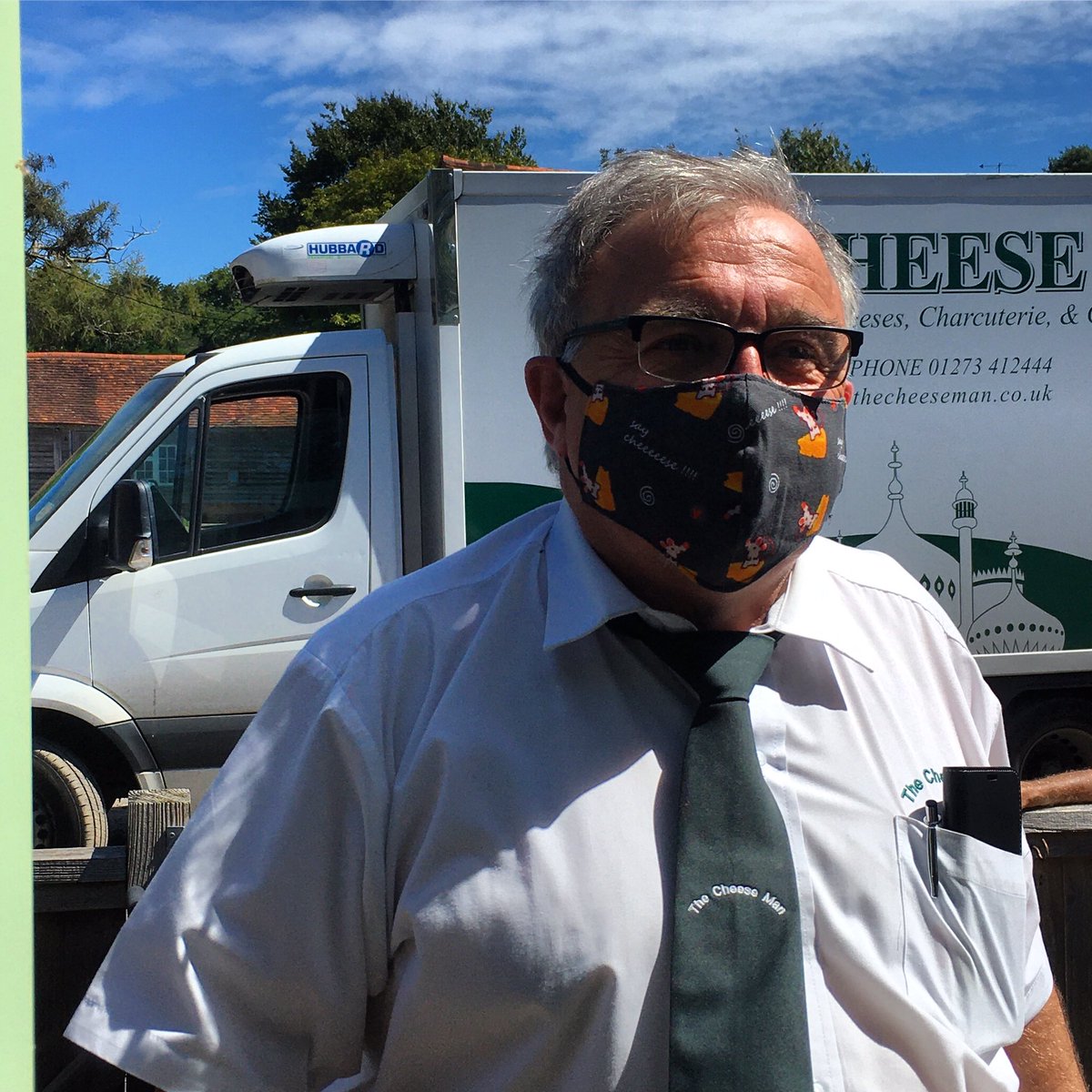 ChiddinglyShop's tweet photo. Loving the Cheesemanโs face mask today... take a closer look to spot the mice!
.
#cheeseman #funfacemask #saycheese๐ #miceinthecheese #chiddinglyshop #chiddingly #localproduce https://t.co/KrwUC5pily