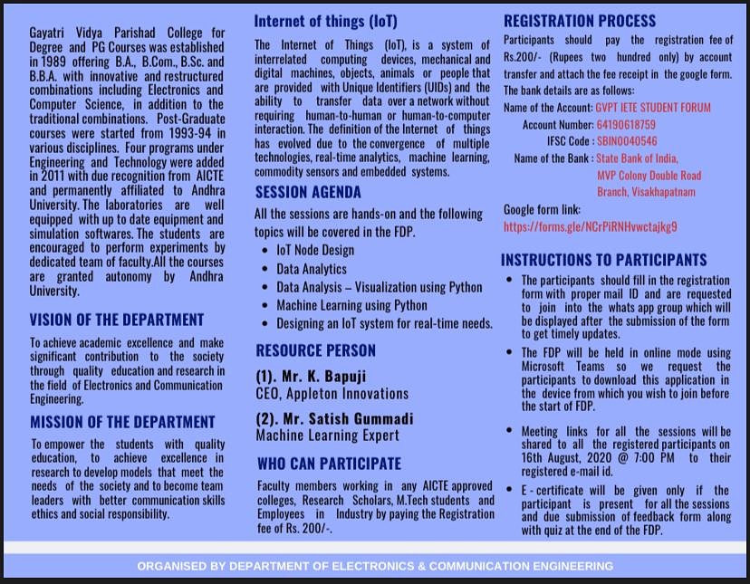 gvpcdpgc's tweet photo. Dear Sir/Madam,

Greetings of the Day.

Department of ECE, gvpcdpgca cordially invite the faculty, research scholars, https://t.co/05MUphxbGH students and employees from Industry to join in five day Online Faculty Development program https://t.co/L5vuFoW3gq