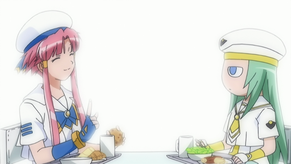She tries not to think about it and continues to eat, but then the shot shows both Akari and Alice surrounded by a white, with white emphasizing how Aika views them as perfection, as people who possess qualities that are the utmost of excellence, they're pure without flaws.