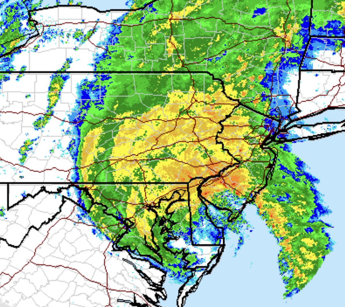 Accuron's tweet image. The #Isiais eyewall is now beyond DC which means the worst is behind our forecast area.  Within the next several hours, the rain will stop and skies will begin to clear up.