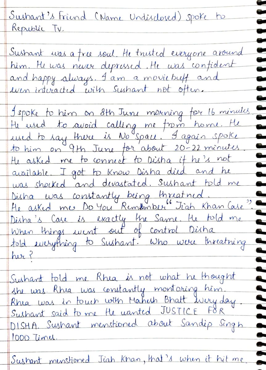Shilpi_Flyhigh's tweet photo. Sushant's Friend spoke to @republic ! 

Shocking !!!! 

Please avoid my handwriting 😅

#DemocracyDemandCBIForSSR
#NitishKumar4SSR 
#SushantSinghRajputCase https://t.co/IXY5Xh2OLk