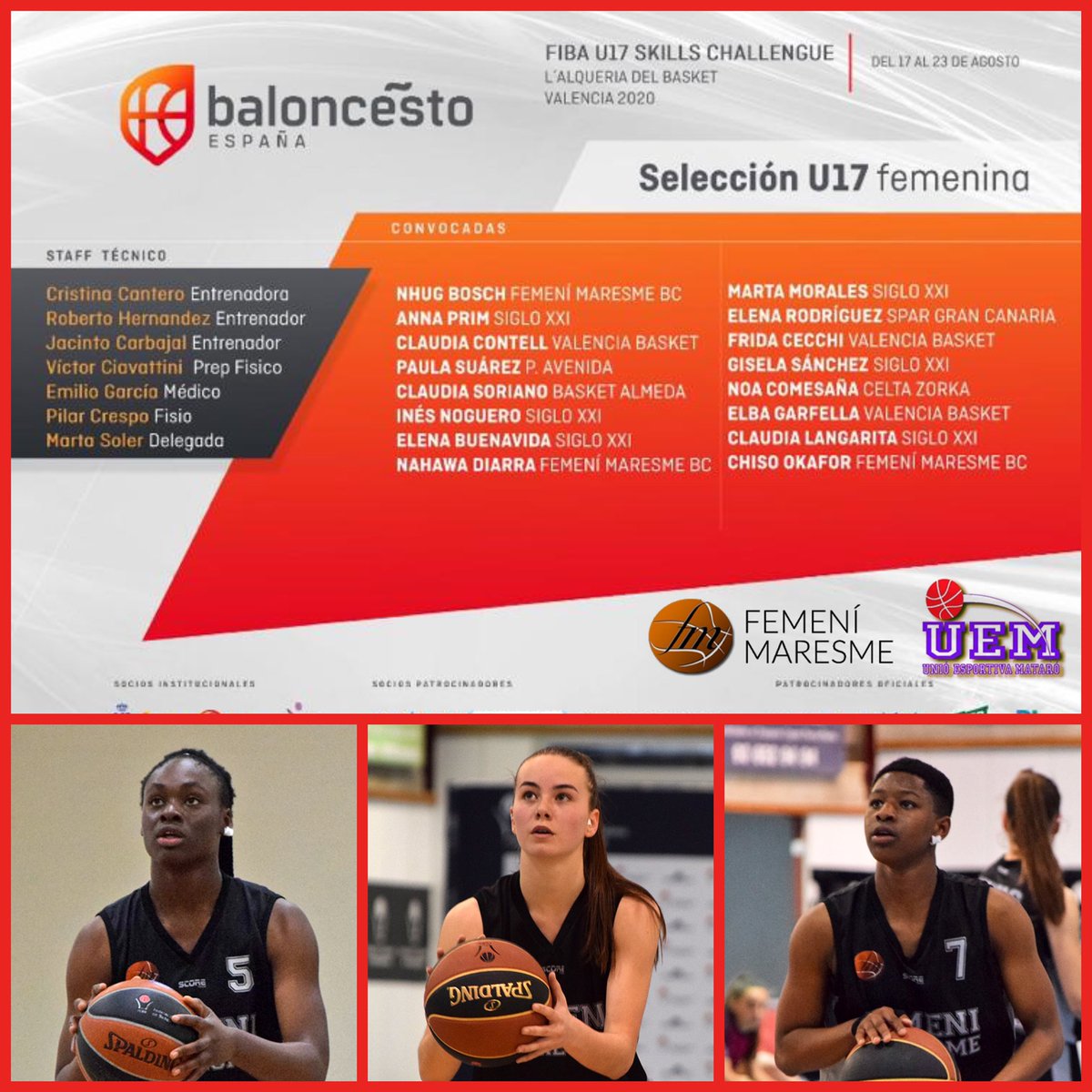 FemeniMaresme's tweet photo. Las jugadoras del #JunrAFM, Nhug Bosch, Nahawa Diarra y Chiso Okafor han sido seleccionadas x @CompeticionFEB #U17F que tendrá lugar este mes de agosto en L’Alqueria del Basquet (Valencia).
¡Enhorabuena y a disfrutar de esta gran experiencia!
#SomDiferents 🖤 @uemataro 💛💜 https://t.co/u0q5NfL3wy