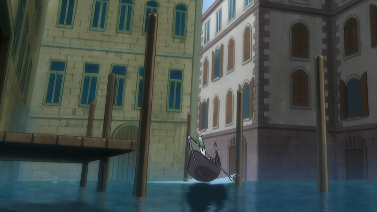 Like in the beginning of the episode, we see Aika looking up at one of her friends. This time, there's a shot angled up on Alice to display her superiority, especially when displaying her ability to control the gondola while there's a shot angled down on Aika who feels inferior.