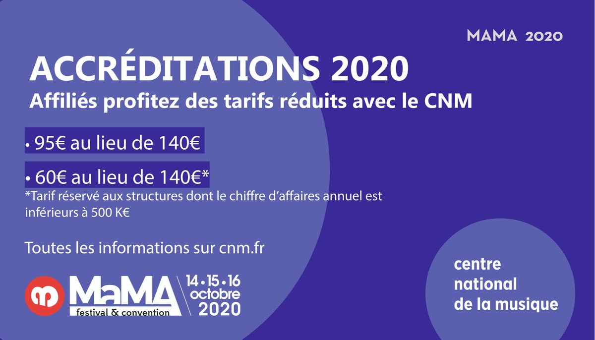 En partenariat avec le <a href="/MaMAevent/">MaMA Music & Convention</a>, <a href="/le_CNM/">Centre national de la musique</a> propose à ses affiliés ainsi qu’aux adhérents du <a href="/bureauexport/">Dott. Mariano Lucciano⏯🔕</a> et aux contacts du #Calif de bénéficier des tarifs réduits jusqu'au 18/09. 
Info sur le site du cnm.fr/le-cnm-au-mama…
#MaMA2020 #MaisonCommune