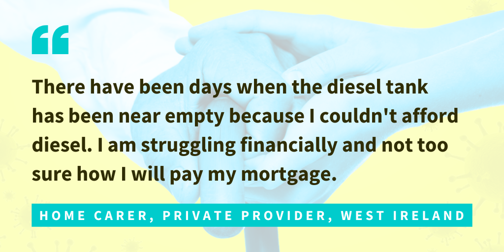 One home carer told us that because one of her clients had suspected Covid-19, her work was limited to that one client for over two weeks while awaiting the test results. Her income dropped significantly to €80 per week because of this.