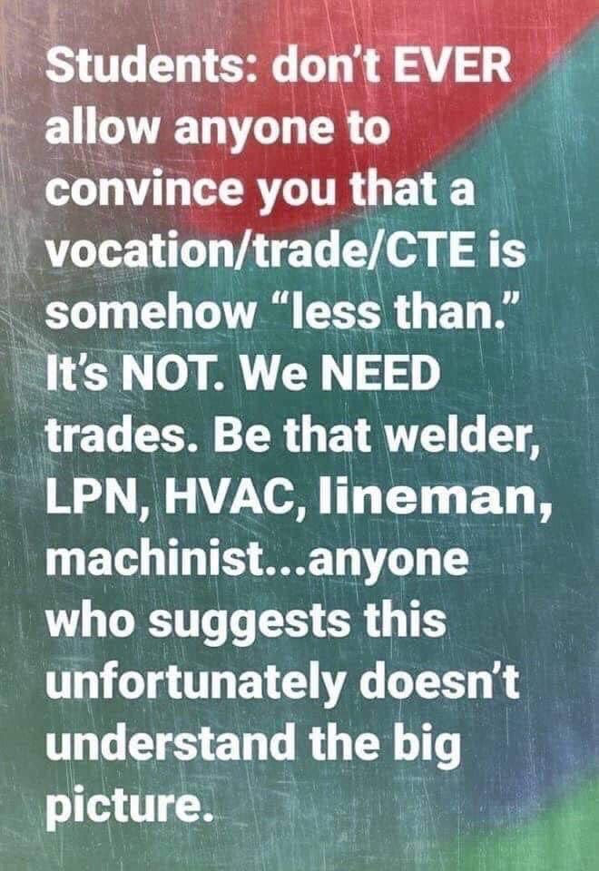 I cannot stress this enough! #bluecollarwork #teachthetrades #bluecollarpride #constructionindustry #lovemyplumber #commercialplumber #radiologictechnologist #radtech