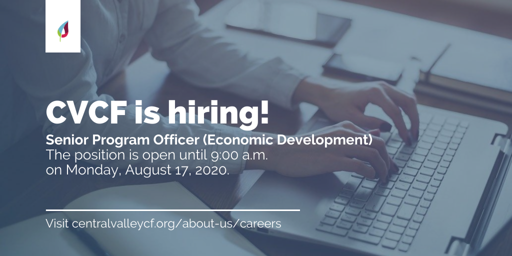 CentralValleyCF's tweet photo. Join our team! CVCF is seeking a Senior Program Officer to over CVCF's job creation &amp; econ dev portfolio.

The position is open until 9 a.m. on Monday, August 17, 2020.

View the full job description: https://t.co/cyodSdzVKr https://t.co/dSpETsdFZS