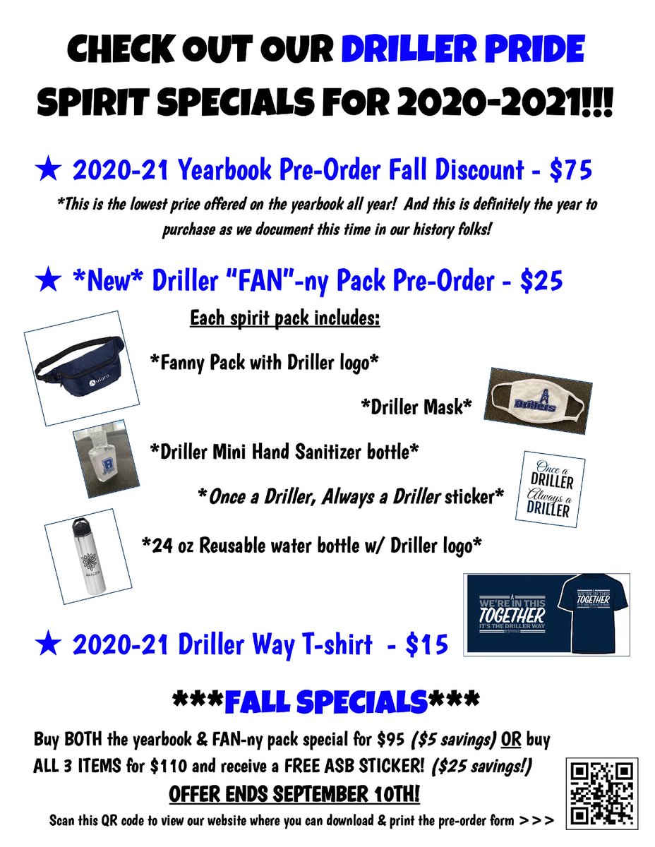 BHSDrillers's tweet photo. Students: Need some new Driller gear? Check out our Spirit Specials available for pre-order starting this Friday during on campus checkout times, 8am-12pm.  https://t.co/DtVykfgzhT https://t.co/RYNSXVorSV