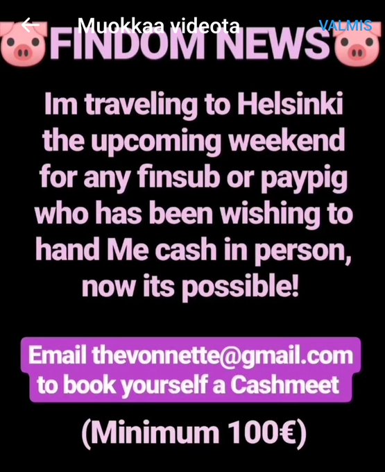 Im accepting #cashmeet appointments in Helsinki the upcoming weekend (8th-9th)  Book yours by emailing<a href="/tag/cashmeet"class="tags">#cashmeet</a><a href="/tag/dominatrix"class="tags"><span>#dominatrix</span></a><a href="/tag/findom"class="tags"><span>#findom</span></a><a href="/tag/paypig"class="tags"><span>#paypig</span></a><a href="/tag/humanatm"class="tags"><span>#humanatm</span></a><a href="/tag/moneyslave"class="tags"><span>#moneyslave</span></a>