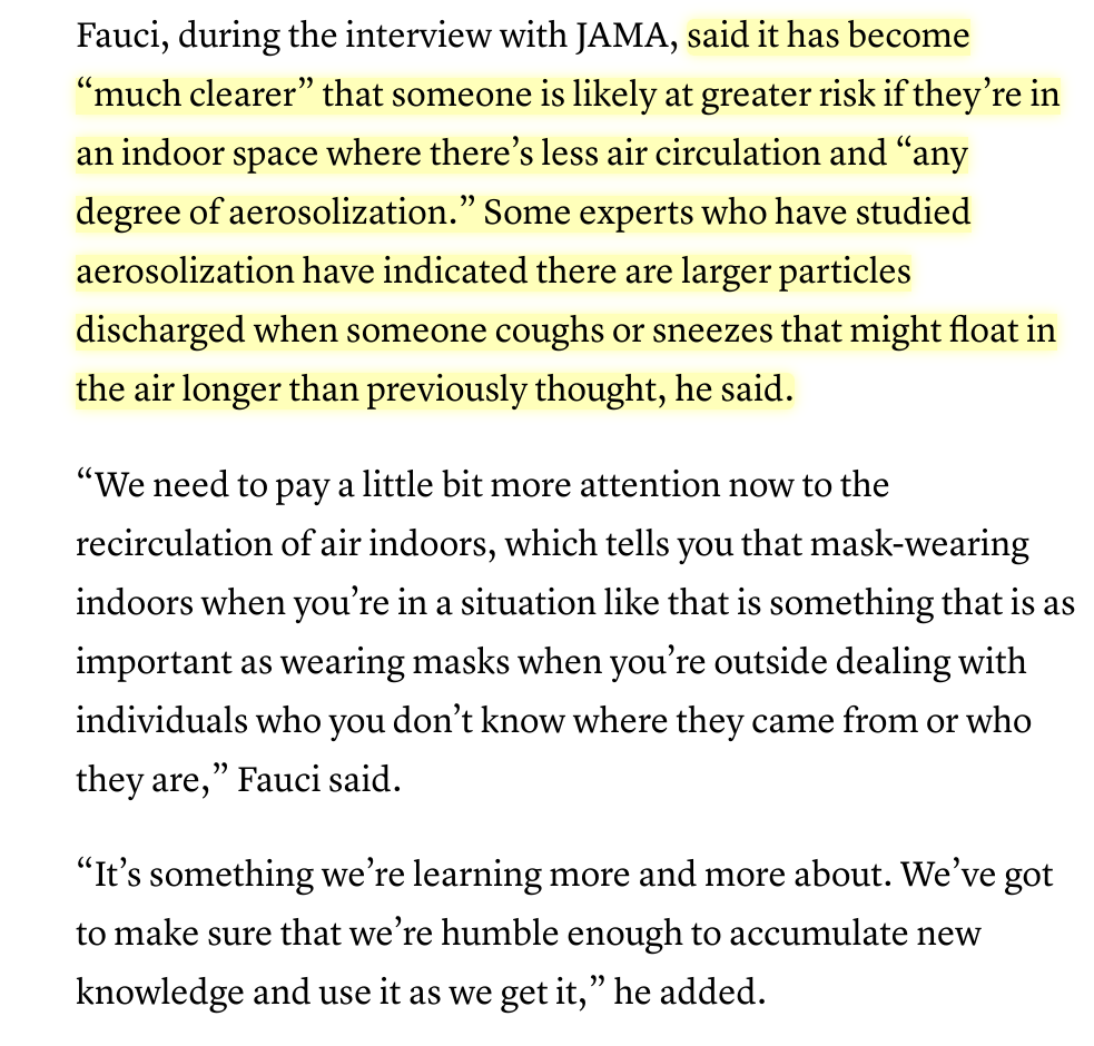 YES! Dr. Fauci acknowledges some aerosolization. Says indoor/outdoor different, indoors "much greater risk than outside.” Emphasizes "mask-wearing indoors." Acknowledges ~5-10 μm can float, says they likely got that wrong.Now, hopefully new guidelines!  https://www.cnbc.com/2020/08/03/fauci-says-theres-a-degree-the-coronavirus-is-spreading-through-air-particles.html