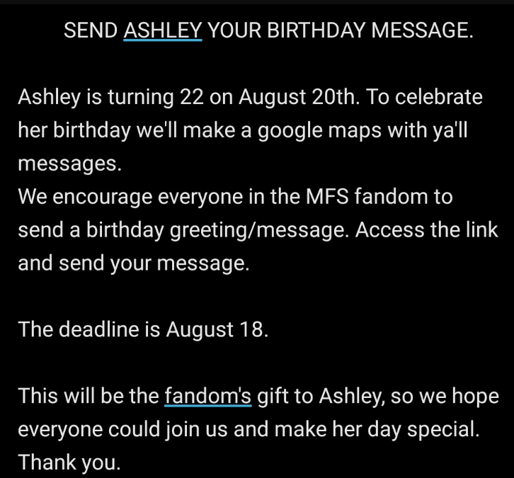 MOTHERLAND FAM 
Ashley’s birthday is coming up and we’re doing a Google Maps with all your birthday wishes!!

Read the details below and we hope ya’ll will join us

Submit your message here: forms.gle/TGUsJVEUgxVJWk…
                             (+)