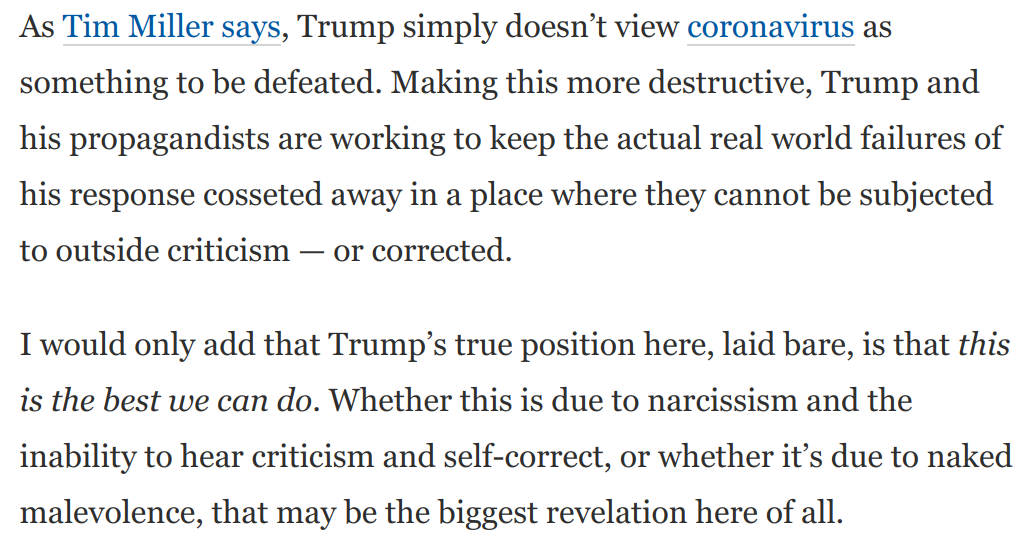 There's a reason Trump's refusal to take responsibility for the mounting carnage is so unsettling.The taking of responsibility is itself a way to show respect for the sick and the dead and the bereaved.Trump is saying: This is the best we can do! https://www.washingtonpost.com/opinions/2020/08/04/how-interview-serial-liar-narcissist-who-is-unfit-be-president/