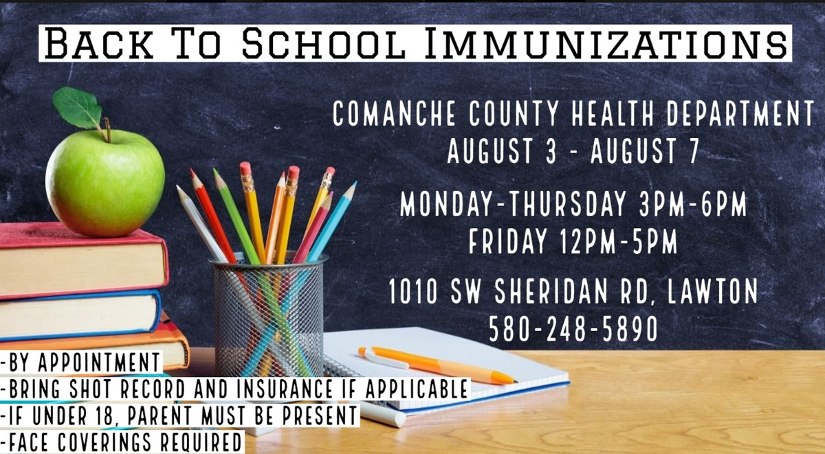 FitKidsofSWOK's tweet photo. Will your Fit Kid need immunizations before going back to school? Don't forget to make your appointment for this week at the Comanche County Health Department. #okstatedeptofhealth #fitkidsofswok https://t.co/6LnB8VCSSk