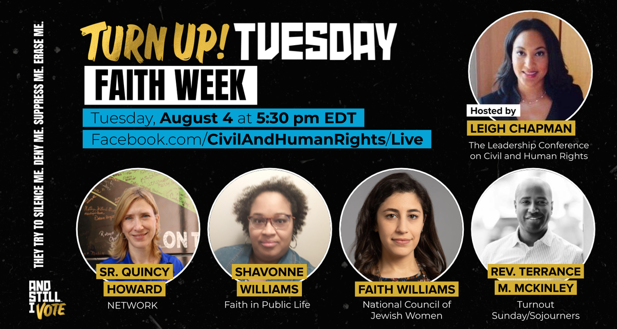 Graphic promotes our Turn Up Tuesday livestream today at 5:30 p.m. ET and shows the faces and names of the five guests: Leigh Chapman, Sister Quincy Howard, Shavonne Williams, Faith Williams, and Reverend Terrance M. McKinley.