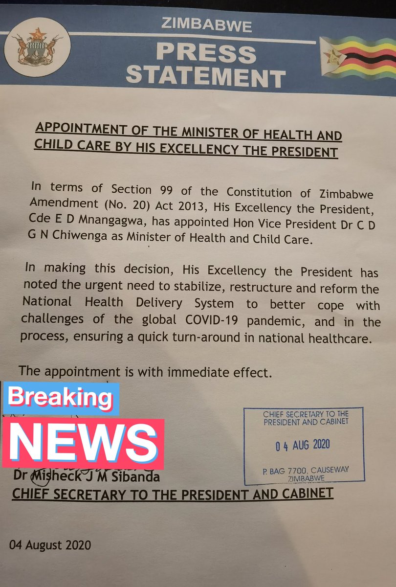 nickmangwana's tweet image. His Excellency, President @edmnangagwa has appointed VP CGDN Chiwenga, the Minister of Health and Childcare with immediate effect.