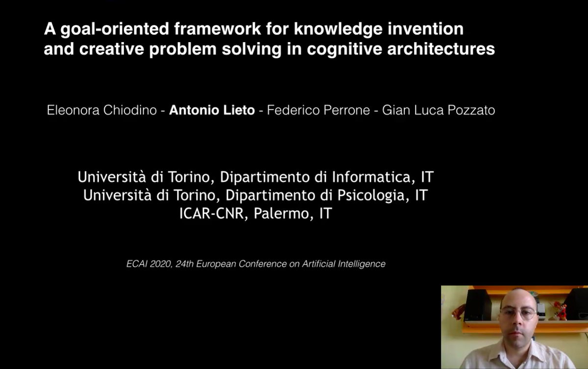 antoniolieto's tweet image. Second @ECAI2020 videopresentation done for the paper &quot;A goal-oriented framework for knowledge invention and creative problem solving in cognitive architectures&quot; ecai2020.eu/papers/1451_pa… updating the results published in sciencedirect.com/science/articl…  #AI #cognitivearchitectures #cogsci