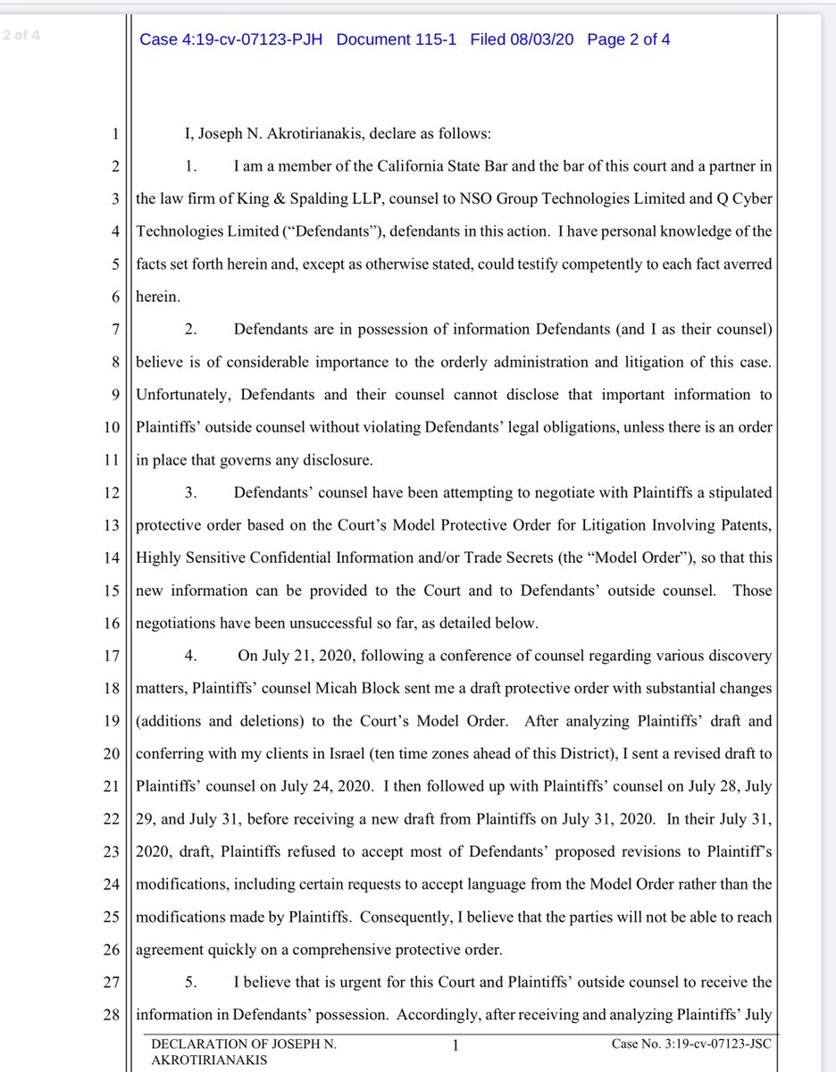 Well this is kind of interesting...as in:what kind of “new” informatio does NSO have that they are now slagging it out with WhatsApp re a “tailored protective order”zero idea of what it is .. so we wait... https://ecf.cand.uscourts.gov/doc1/035119552830