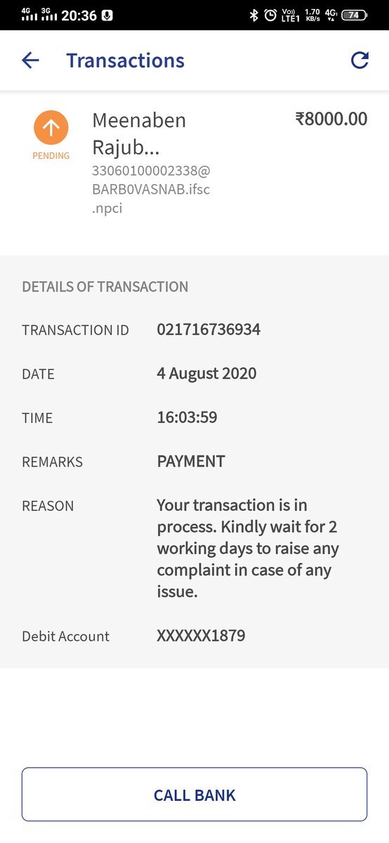 patelv847's tweet photo. @NPCI_BHIM  
Amount of RS.8000 transfer Ed via BHIM app.
Debited from my account not credited to beneficiary  it shows pending since last 5-6 Hours.
Pleas take necessary ACTION https://t.co/vjp9ks5I0d