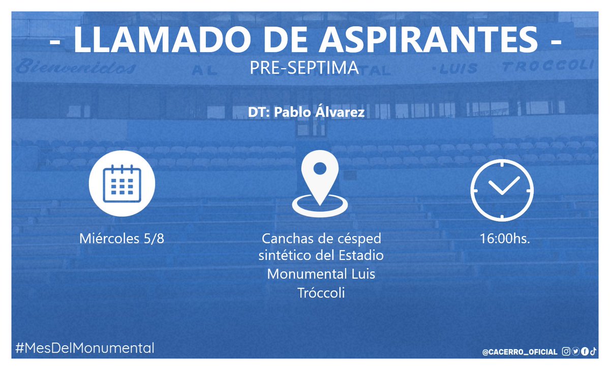 #PreSéptima | Bajo las órdenes de Pablo Álvarez comenzaron los entrenamientos. Se convoca un llamado de aspirantes para quienes quieran formar parte del plantel (jóvenes nacidos en el año 2007)

⚠️ presentarse con las medidas sanitarias

#CosechaDeTalentos
#MesDelMonumental