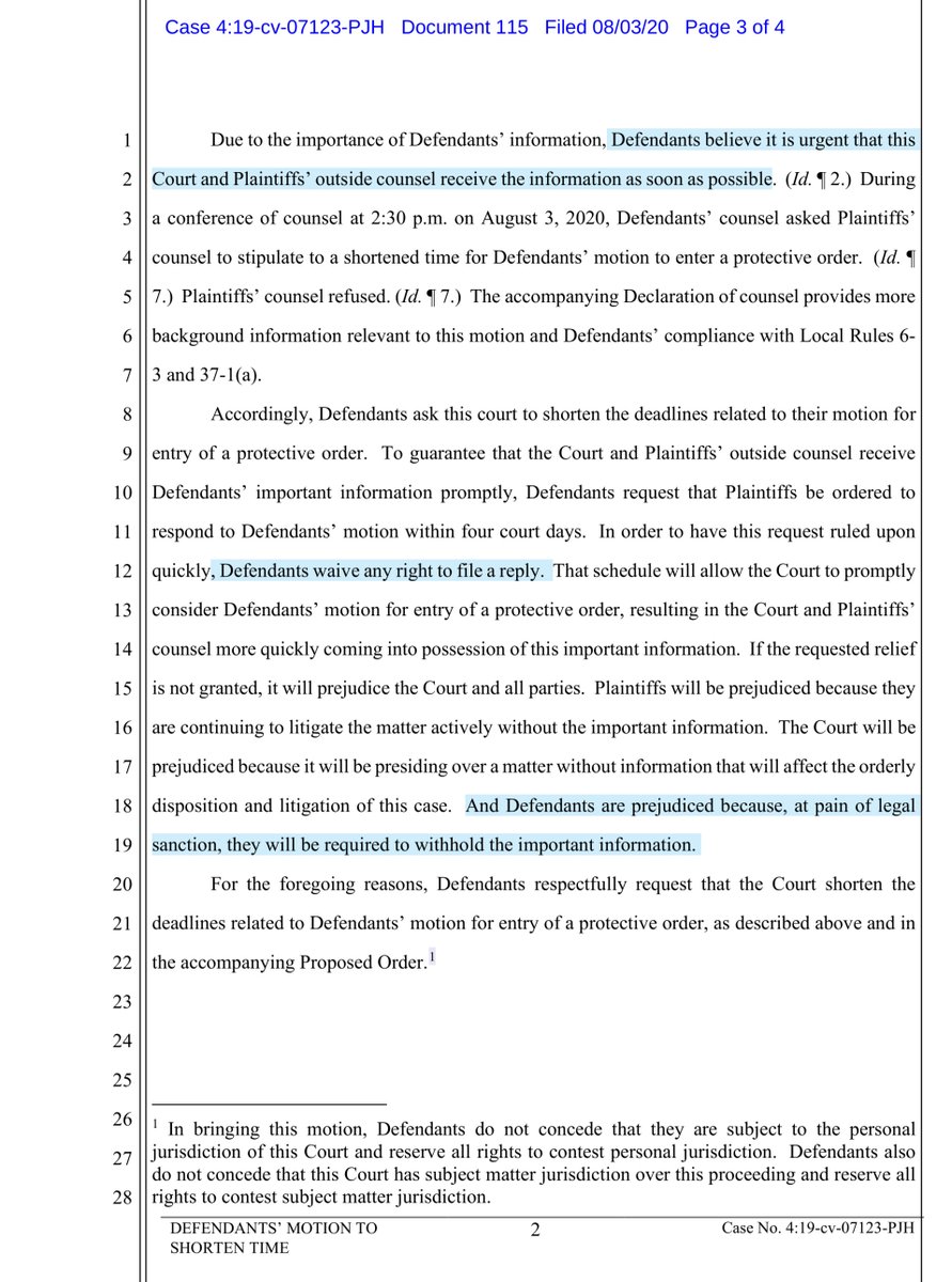 I think there’s a typo see page 2 v 3“..have recently obtained information that Defendants’ counsel believes is of great importance to the Court and Plaintiffs’ outside counsel in the orderly management of the case and the parties’ litigation of it“ https://ecf.cand.uscourts.gov/doc1/035119552829