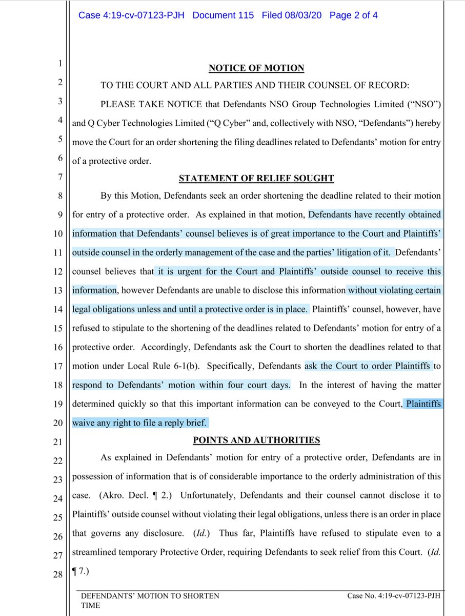 I think there’s a typo see page 2 v 3“..have recently obtained information that Defendants’ counsel believes is of great importance to the Court and Plaintiffs’ outside counsel in the orderly management of the case and the parties’ litigation of it“ https://ecf.cand.uscourts.gov/doc1/035119552829