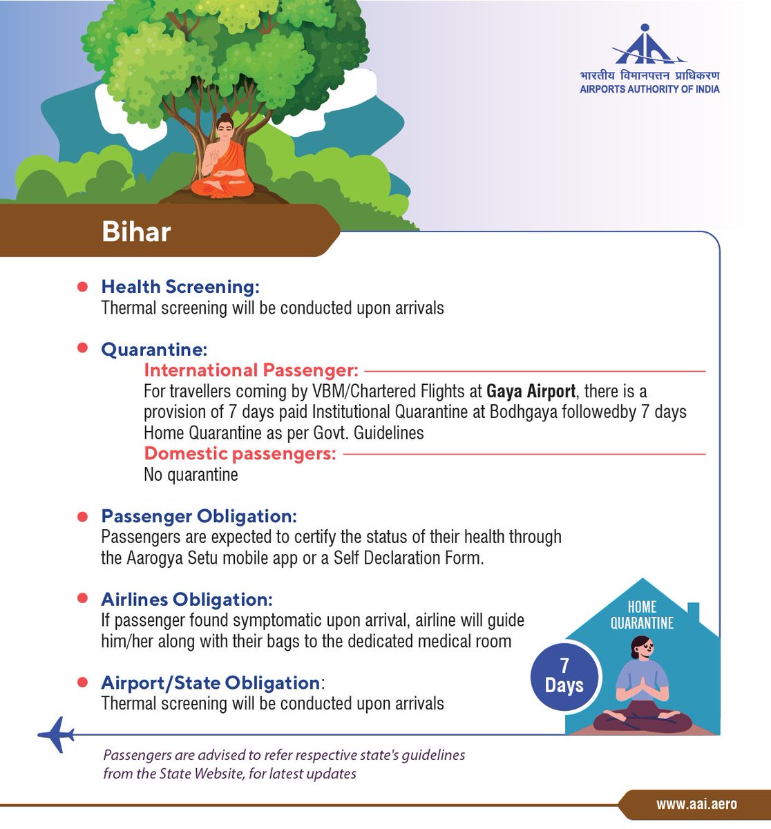AAI_Official's tweet photo. Passengers travelling to Bihar must take note of the latest quarantine guidelines. International passengers arriving at #AAI's @aaigayaairport via #VBM/Chartered flights must go under 7 days institutional quarantine at Bodhgaya followed by 7 days home quarantine. #IndiaFliesHigh https://t.co/hmDlp17FwC