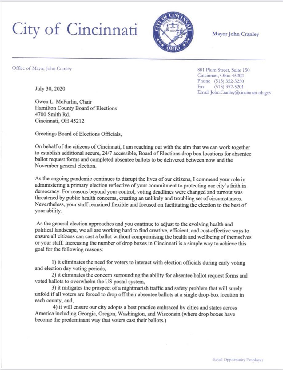 The good news: Mayors and other Ohio leaders have been reaching out to local boards of elections to offer rec centers, libraries and other sites as secure places for drop boxes. Thank you Mayors. 2/