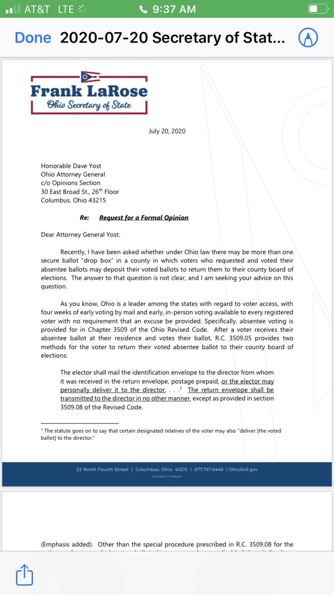 The bad news: while time is of the essence, and even though he has his own in-house counsel, SOS LaRose wrote AG Yost seeking a formal opinion on the issue. It was sent on July 20....and with days wasting away, that has frozen any progress on the issue. 3/