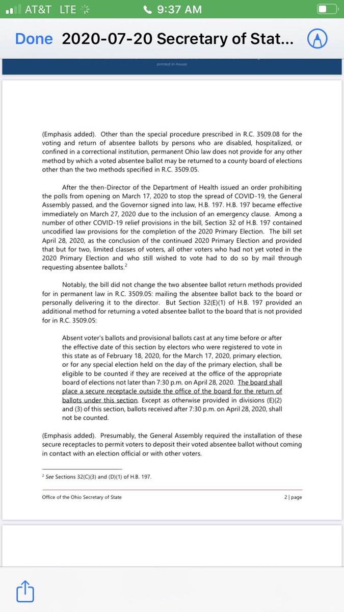 The bad news: while time is of the essence, and even though he has his own in-house counsel, SOS LaRose wrote AG Yost seeking a formal opinion on the issue. It was sent on July 20....and with days wasting away, that has frozen any progress on the issue. 3/