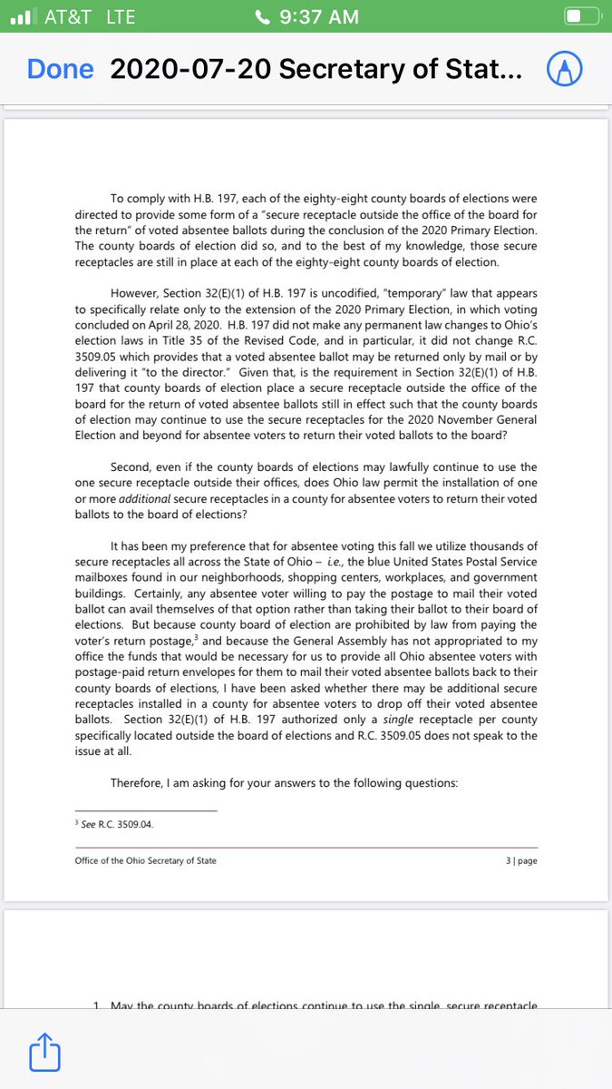 The bad news: while time is of the essence, and even though he has his own in-house counsel, SOS LaRose wrote AG Yost seeking a formal opinion on the issue. It was sent on July 20....and with days wasting away, that has frozen any progress on the issue. 3/