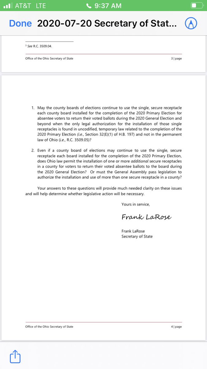 The bad news: while time is of the essence, and even though he has his own in-house counsel, SOS LaRose wrote AG Yost seeking a formal opinion on the issue. It was sent on July 20....and with days wasting away, that has frozen any progress on the issue. 3/