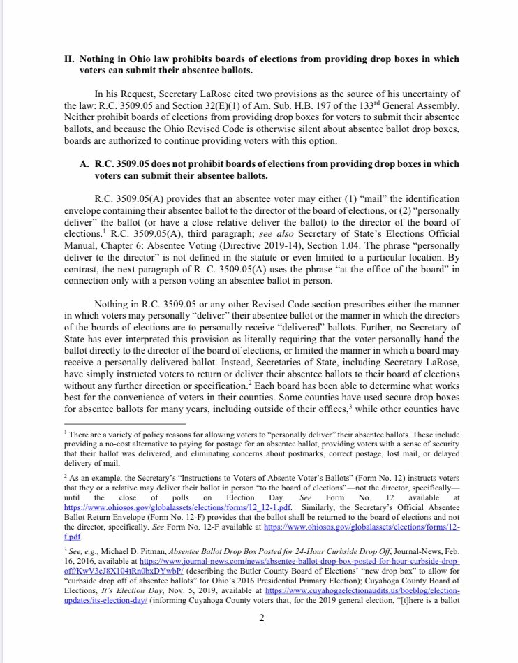 But as we explained in our response to the AG, that is based on a horrific misreading of Ohio law:(The law passed in the primary required that every county have at least one...it did not authorize them to...some counties have had these drop boxes for years)6/