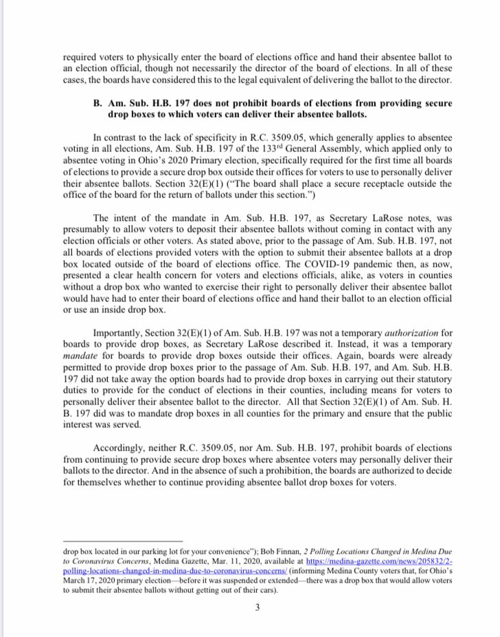 But as we explained in our response to the AG, that is based on a horrific misreading of Ohio law:(The law passed in the primary required that every county have at least one...it did not authorize them to...some counties have had these drop boxes for years)6/