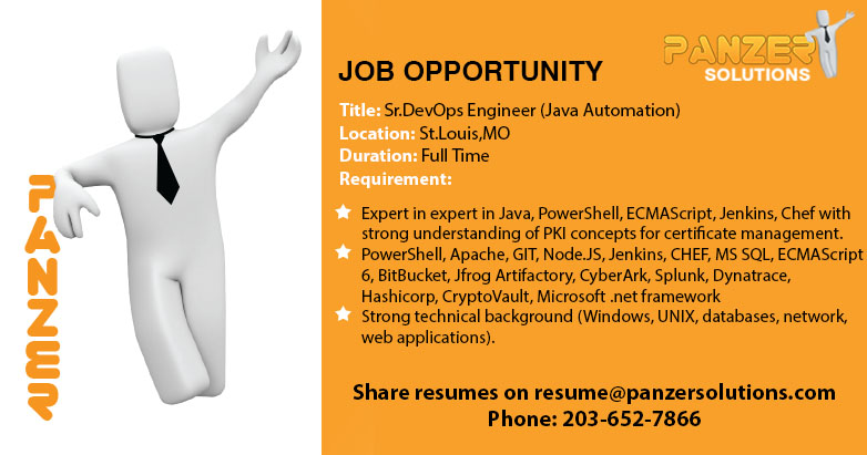 panzersolution's tweet image. Job Title: Sr. DevOps Engineer (Java Automation)
Location: St. Louis, Missouri
Share resumes on resume@panzersolutions.com
Or for more info click on the below link

panzersolutions.com/view_job_oppor…

#PanzerSolutions #DevOpsEngineer #JavaAutomation #java #jobseekers #Jobs #Latestjobs