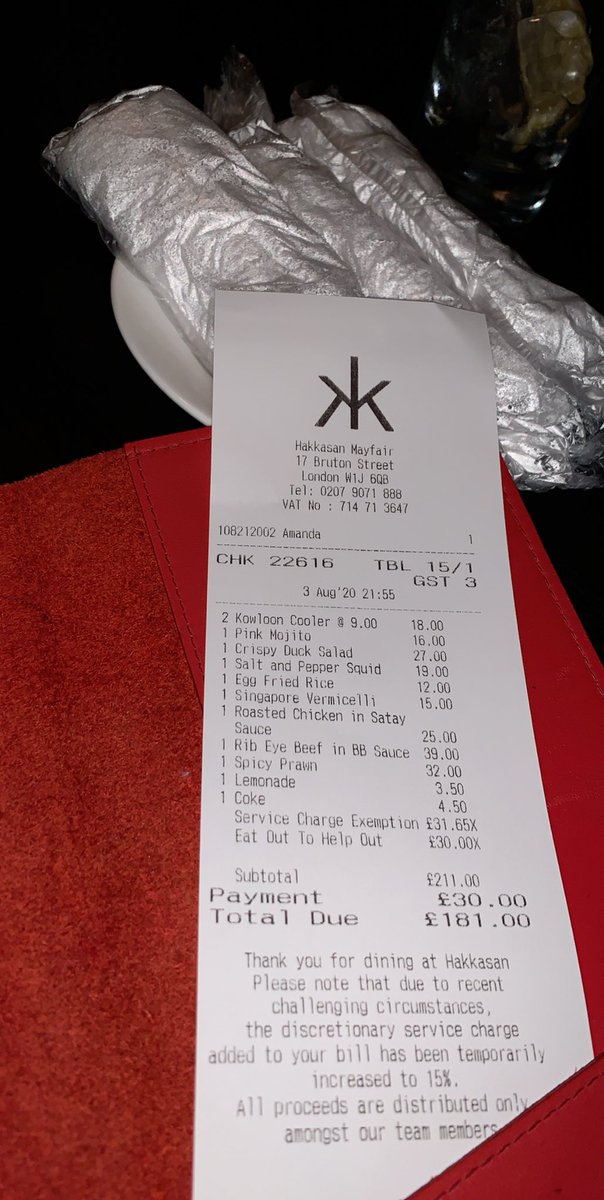 HausofGeee's tweet photo. @HakkasanMayfair I didn’t get the 50% off my bill 😳😳 only got the £10 off per head #EatOutToHelpOut https://t.co/zvhJXENMv9