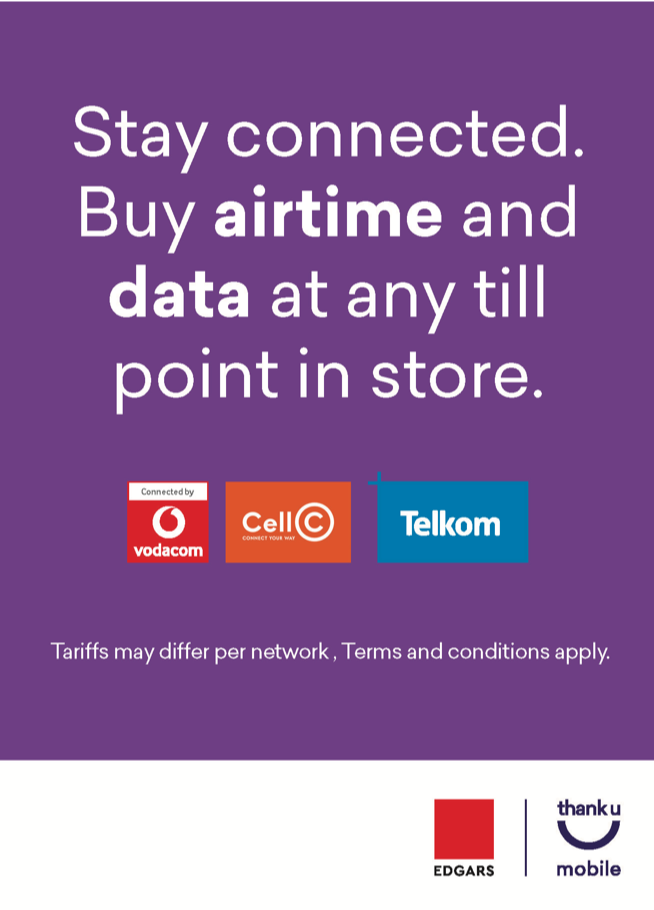 EdgarsTUMobile's tweet photo. #Stay Connected. Never loose touch with your loved ones! 

Airtime and data available at any till point in Edgars stores. https://t.co/JFXOS5XXud
