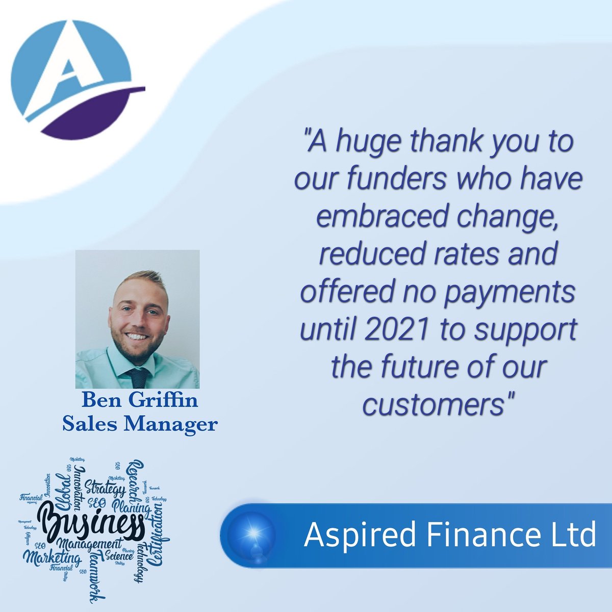 AspiredFinance's tweet photo. Thanks to those that have adapted through the unknown to support others. 

We can secure lower rates, no payment till 2021 and getting quicker responses to support future funding. 

If you have any questions, email us on info@aspiredfinance.com https://t.co/FgyYt964RI