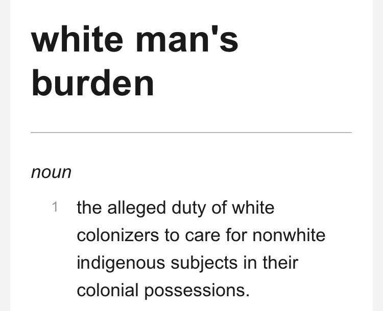 Have you ever heard of The White Man’s Burden? Here’s the definition from  http://dictionary.com . A contemporary version of this phenomenon is evident in this tweet, where vegans feel the need to help us “evolve” according to their (colonizer) agendas. Sound familiar?