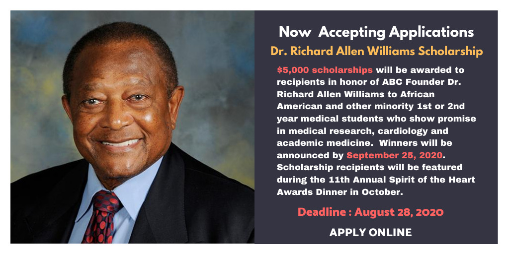 ABCardio1's tweet photo. First and second-year medical students of color can apply for the $5K Dr. Richard Allen Williams Scholarship (for AA and minority medical students). The application process is an easy 4-steps. The deadline is August 28.
Accepting applications now > https://t.co/RxIRBsHSJu https://t.co/qpyUU3s93T