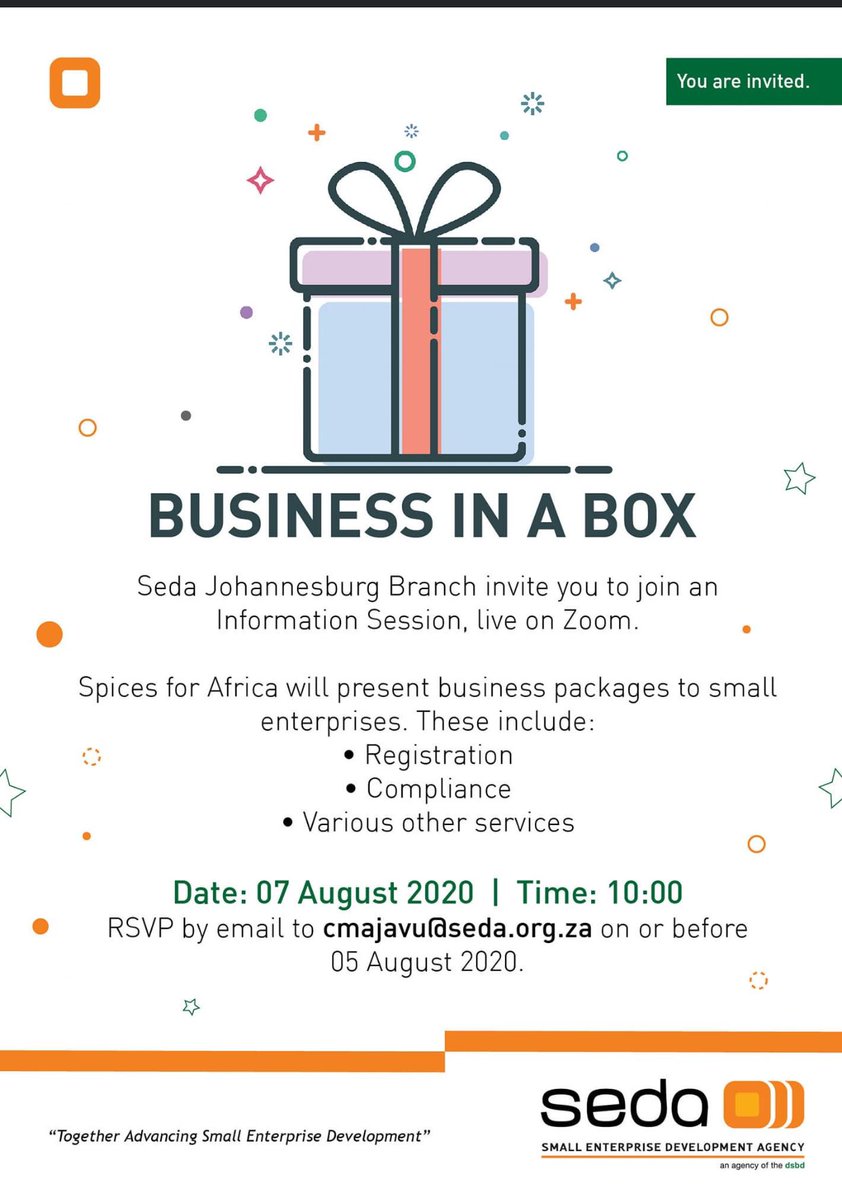 sedfa_dsbd's tweet photo. Join Seda Joburg for a fully packaged zoom session, that will benefit you and your business. RSVP to be able to attend. https://t.co/1pXeJ6iS7R